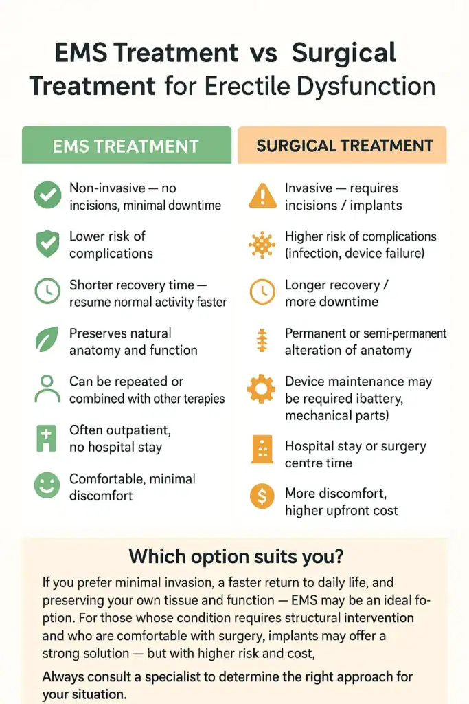 A table showing the benefits of EMS chair for erectile dysfunction treatment Northampton compared to surgery.