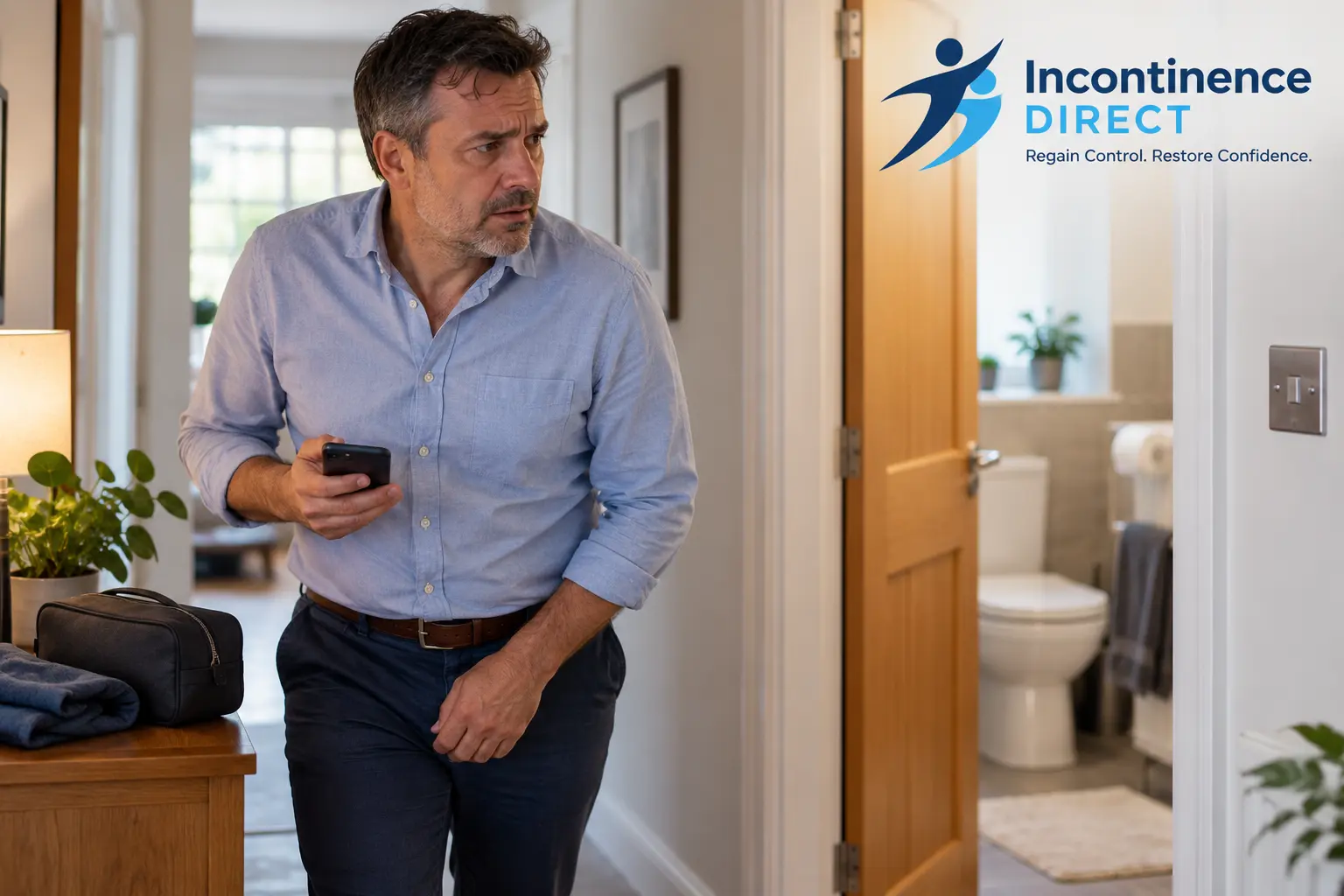 Worried Man Near Open Bathroom affected from faecal incontinence safety tips from incontinence direct Northampton