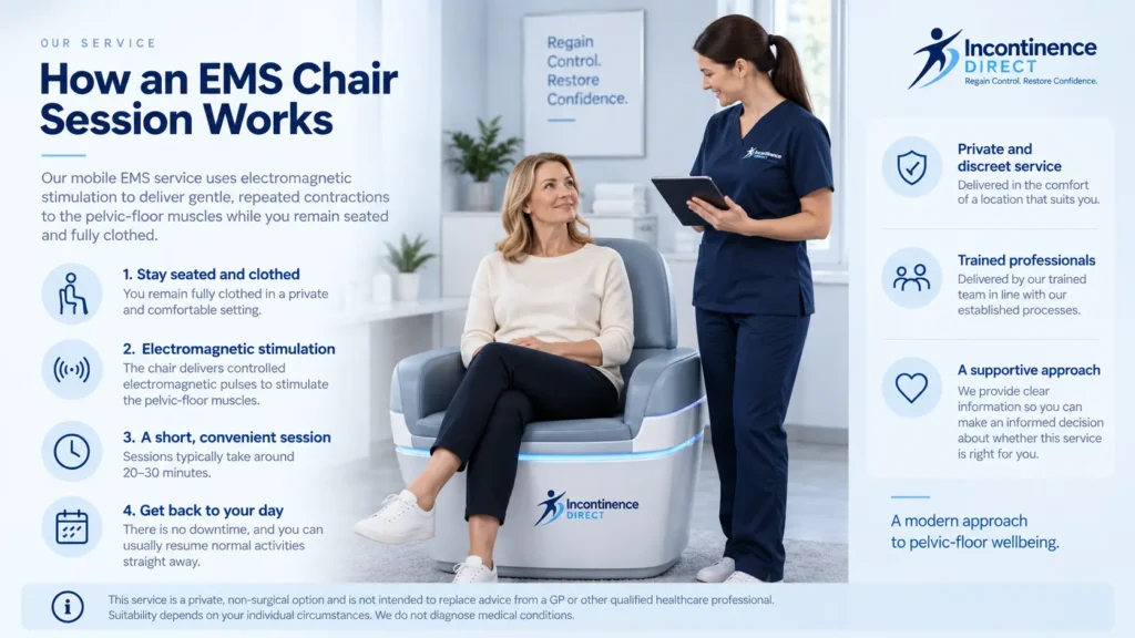 how ems chair session works at incontinence direct Northampton a detailed infographics for the incontinence process